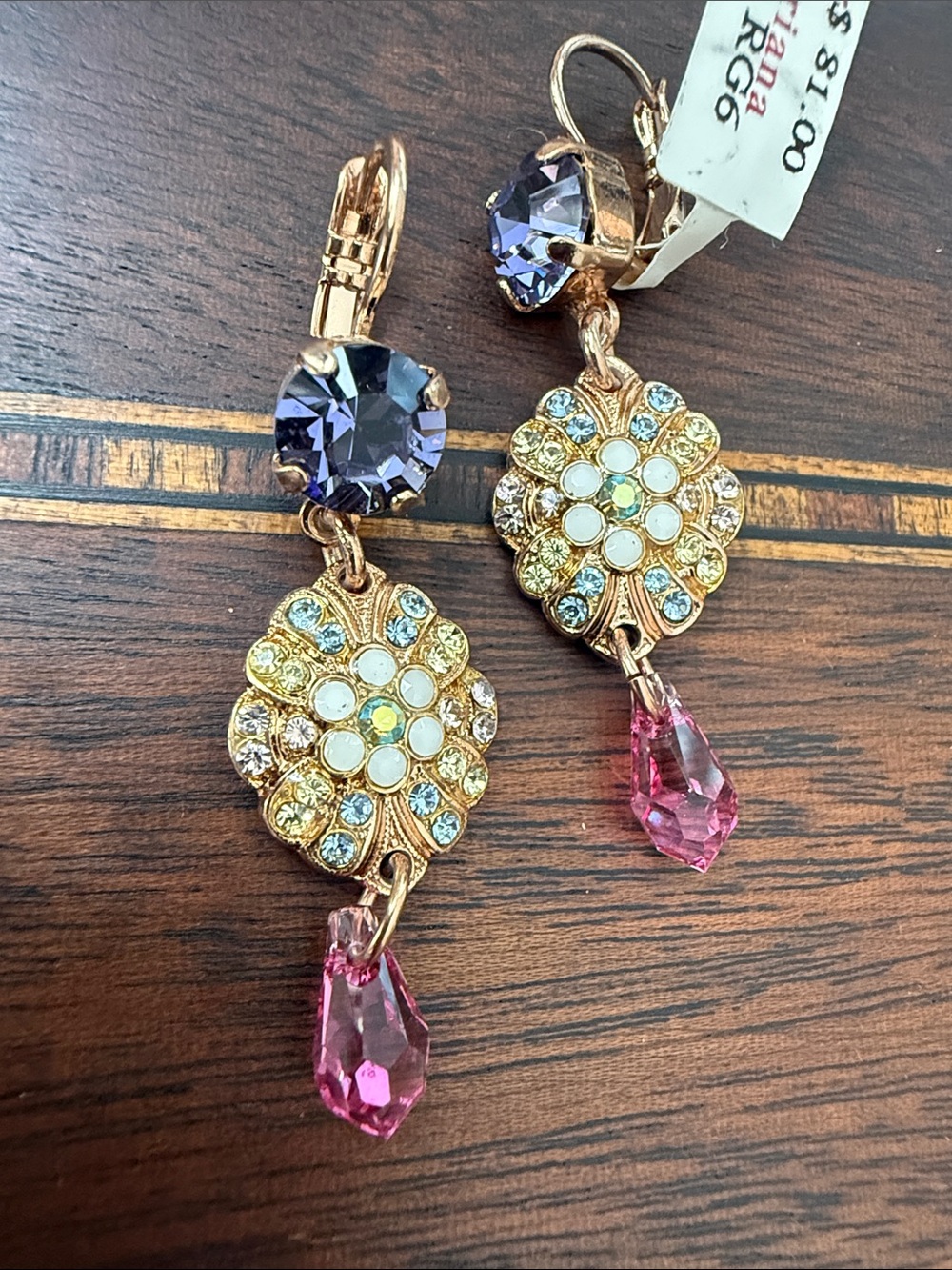 Mariana Rose Gold Drop Earrings with Purple and Pink Crystals Medallion Dangle